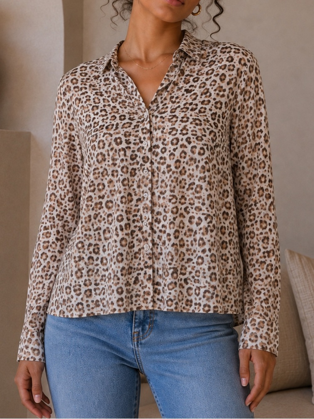 Style & Co. Beige Leopard Print Button-Down Shirt